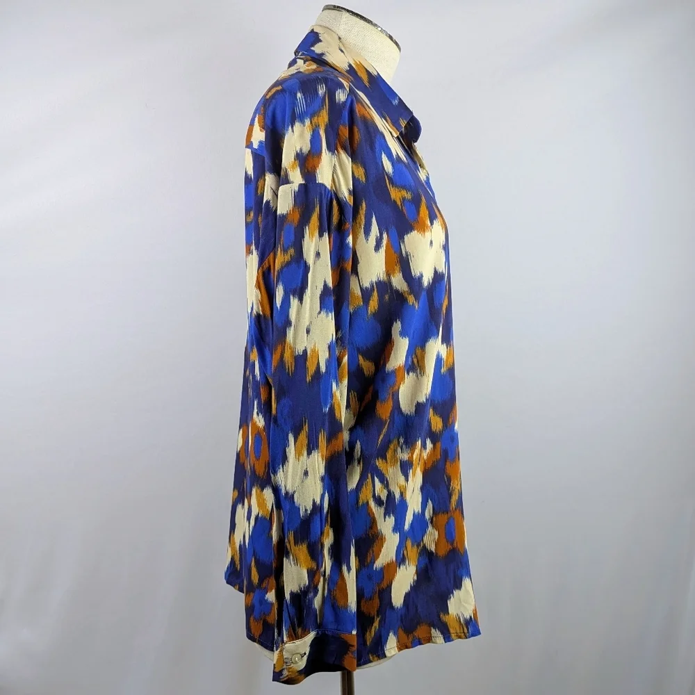 ANNA KAY Button Front Blouse Top Long Sleeve Spread Collar Abstract Print Blue L - Picture 5 of 11